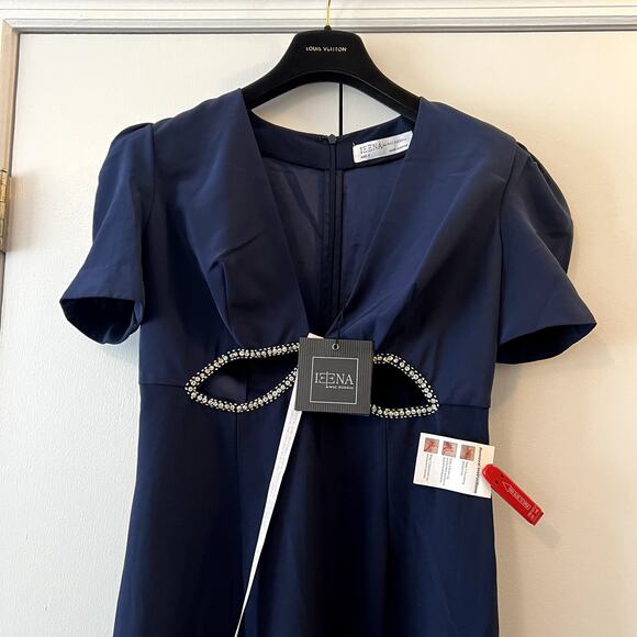 Mac Duggal 2630 Plunge Neck Puff Sleeve Cut Out Gown Navy 8 UB - Picture 4 of 8